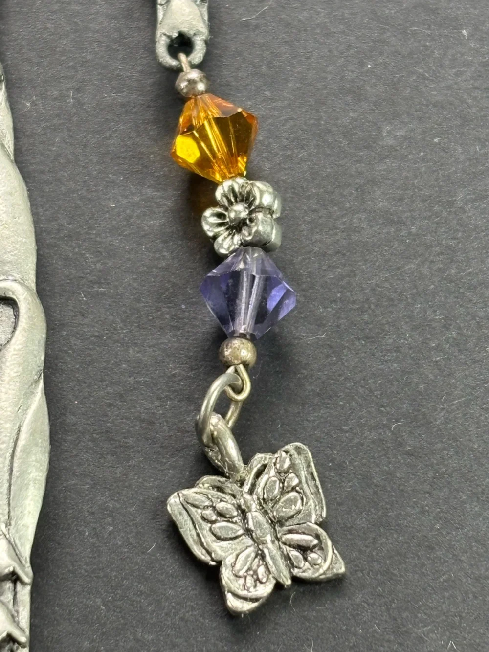 Silver Botanical Metal Bookmark with Orange and Purple Beads